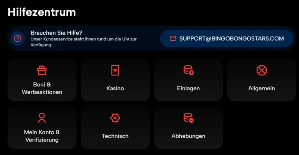 Bingo Bongo Stars Casino Hilfezentrum mit Support E-Mail und Kategorien wie Einlagen und Abhebungen