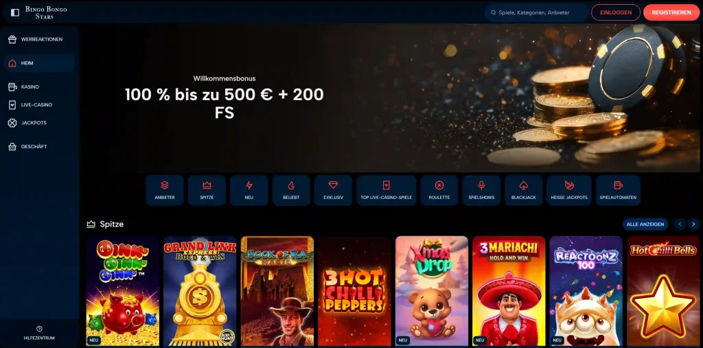 Bingo Bongo Stars Casino Startseite mit Willkommensbonus 100 Prozent bis 500 Euro und Spieleauswahl