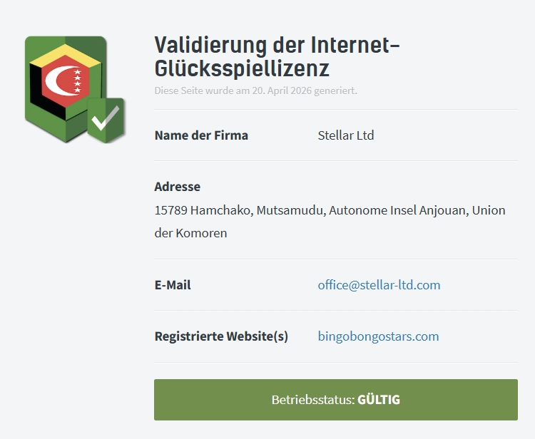 Bingo Bongo Stars Casino Lizenzvalidierung mit Firmenname Stellar Ltd und gültigem Betriebsstatus