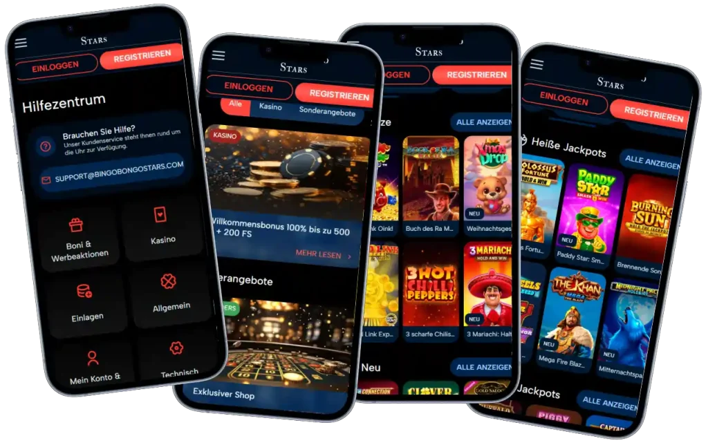 Bingo Bongo Stars Casino mobile Ansicht mit Spielen Bonus und Benutzeroberfläche auf Smartphones