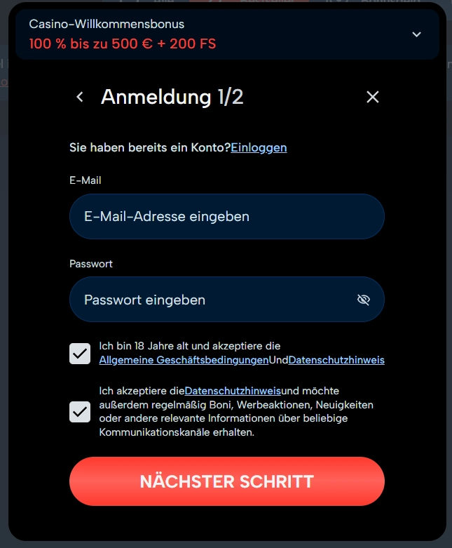 Bingo Bongo Stars Casino Registrierung mit E-Mail Passwort und Bonusangebot Anzeige